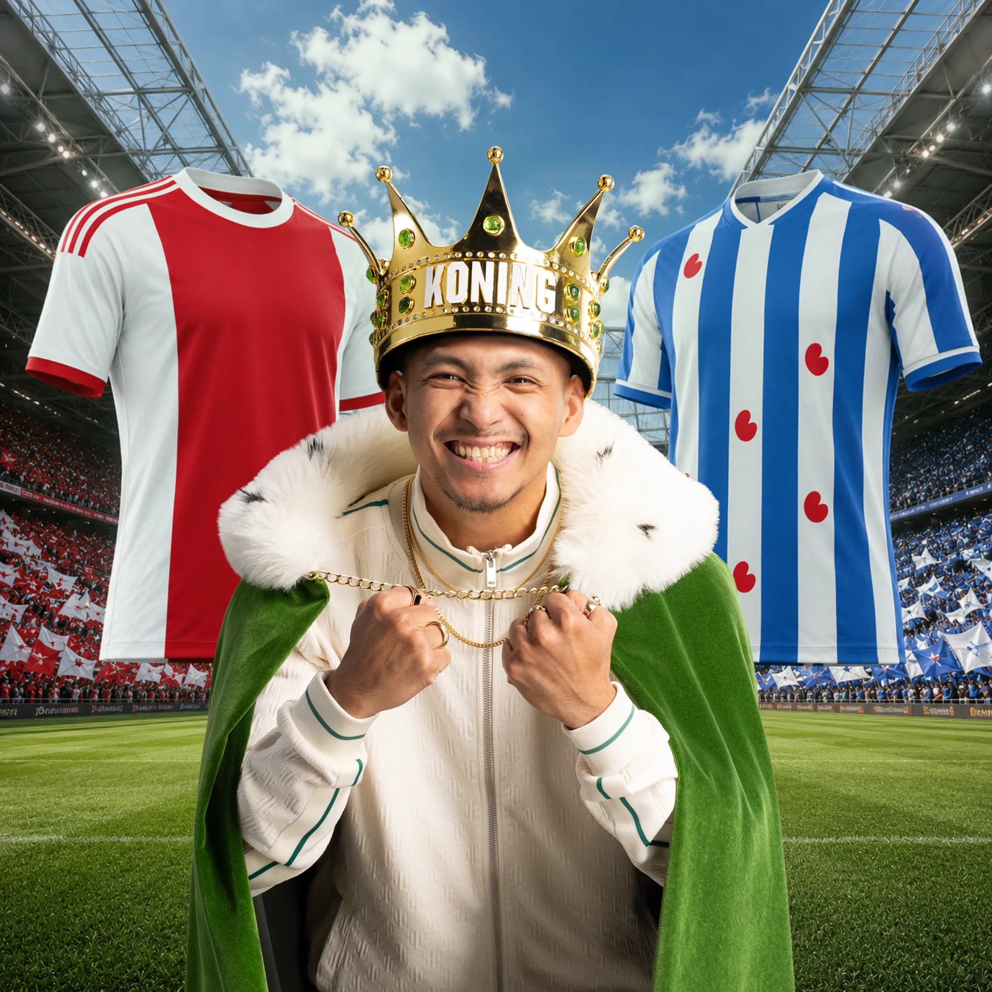 Man met kroon en cape tussen voetbalshirts in stadion