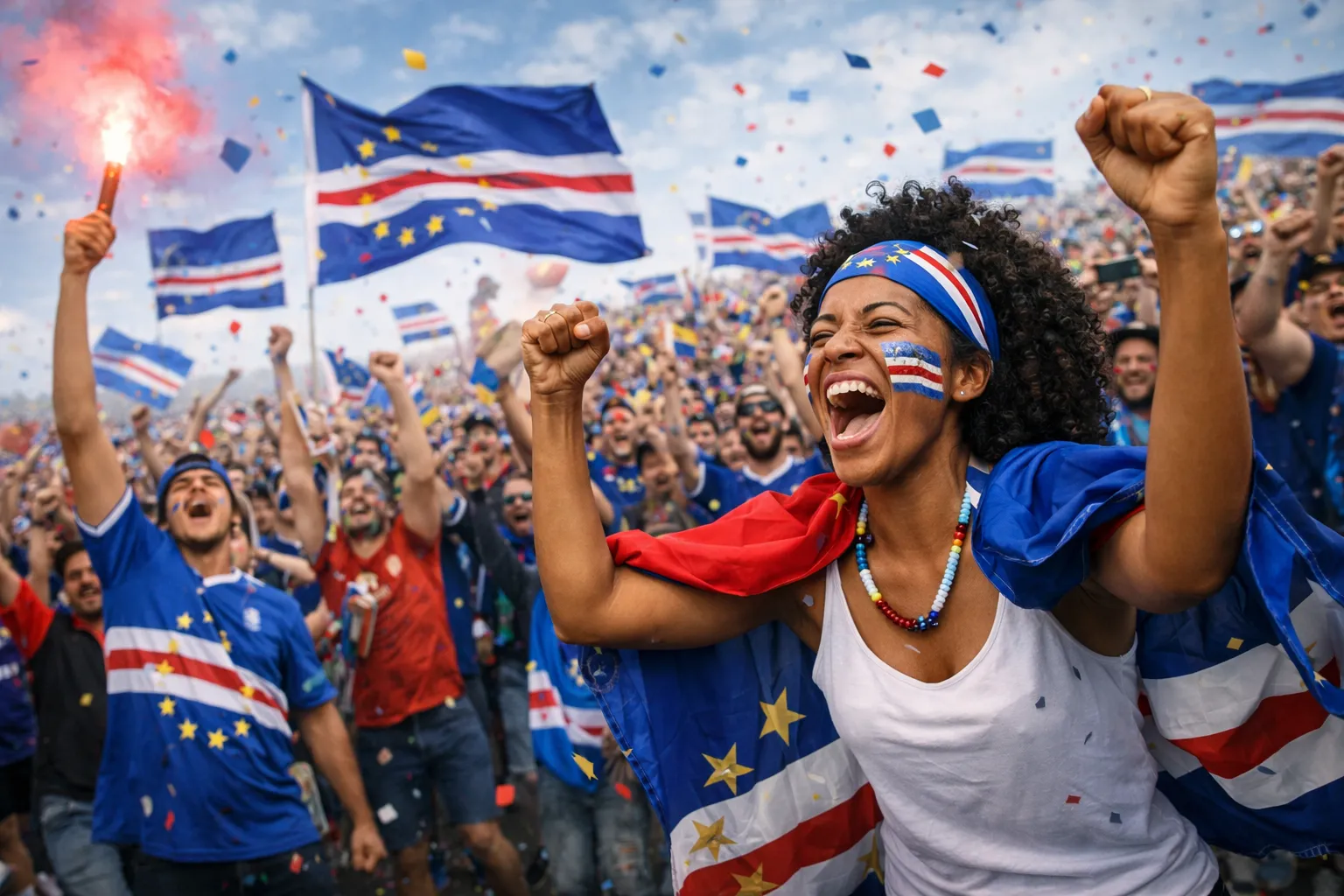 Supporters van kaapverdie vieren feest met vlaggen en confetti