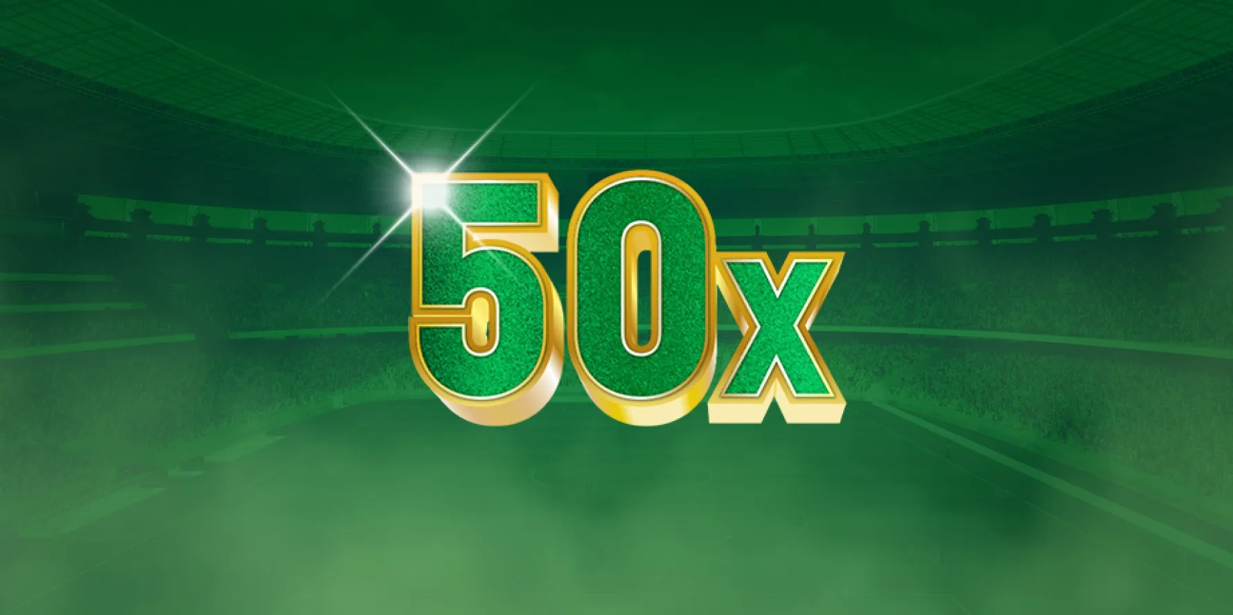 50x vermenigvuldiger in groene en gouden letters op een stadion achtergrond