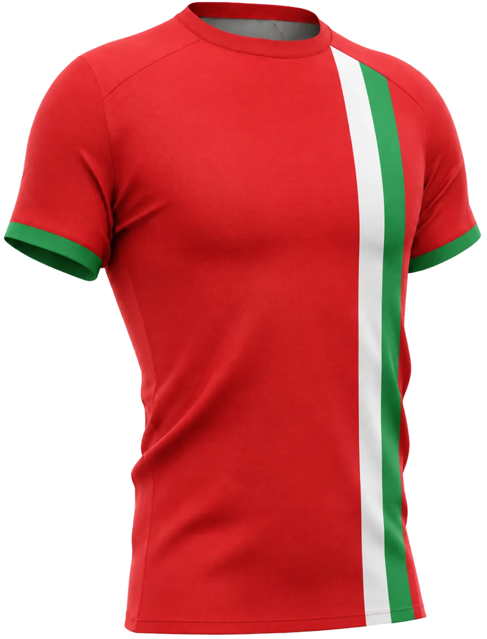 Rood sportshirt met groene en witte verticale strepen en groene mouwranden