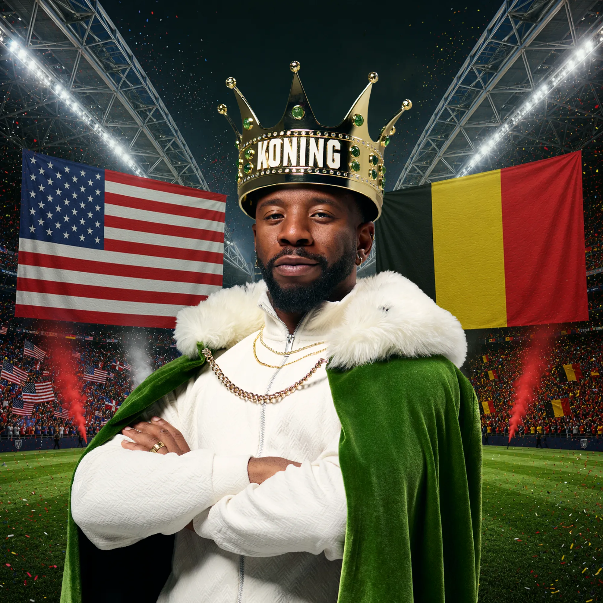 Man met kroon en mantel in stadion met vlaggen van Amerika en België