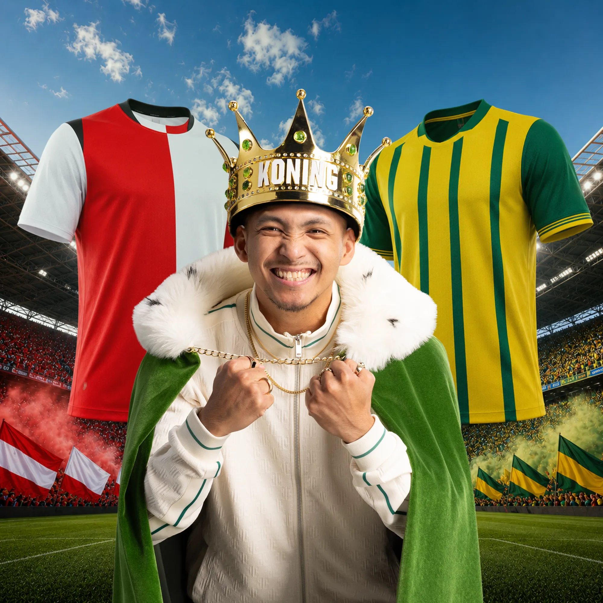 Voetbalfan met gouden kroon Koning en groene mantel tussen rood-wit en geel-groen voetbalshirt in vol stadion