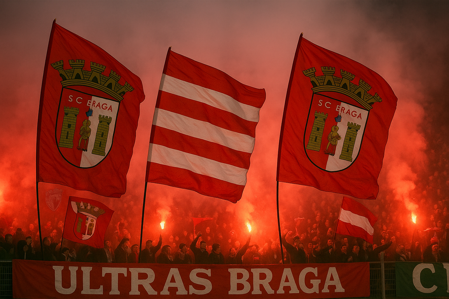Vlaggen van SC Braga met fans in een sfeervolle omgeving vol vuurwerk.
