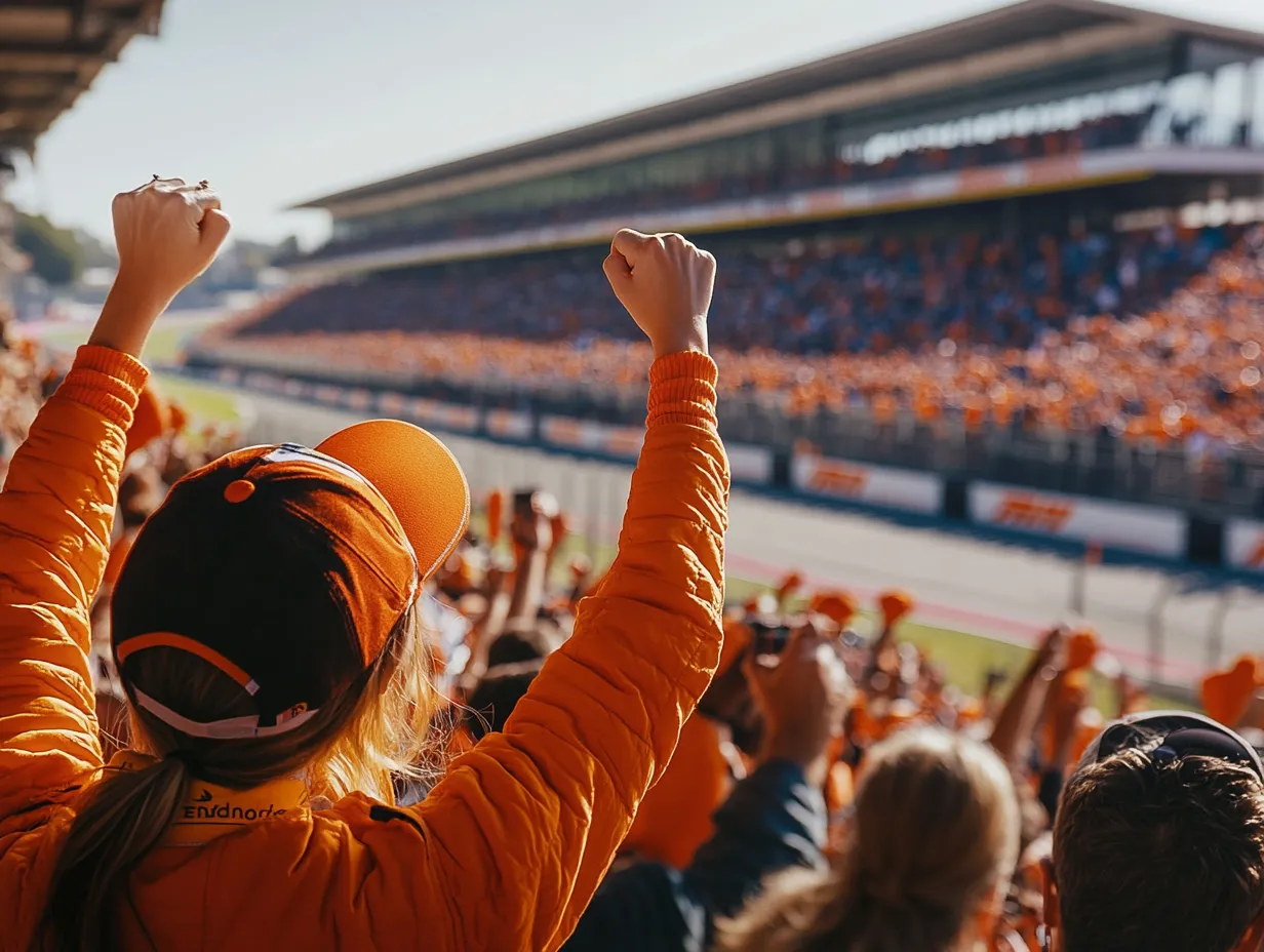 Een uitzinnige menigte in oranje kleding moedigt Nederlandse Formule 1-coureurs aan bij een race