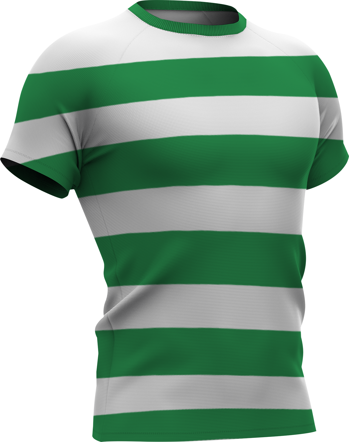 Groene en witte gestreepte sportshirt.