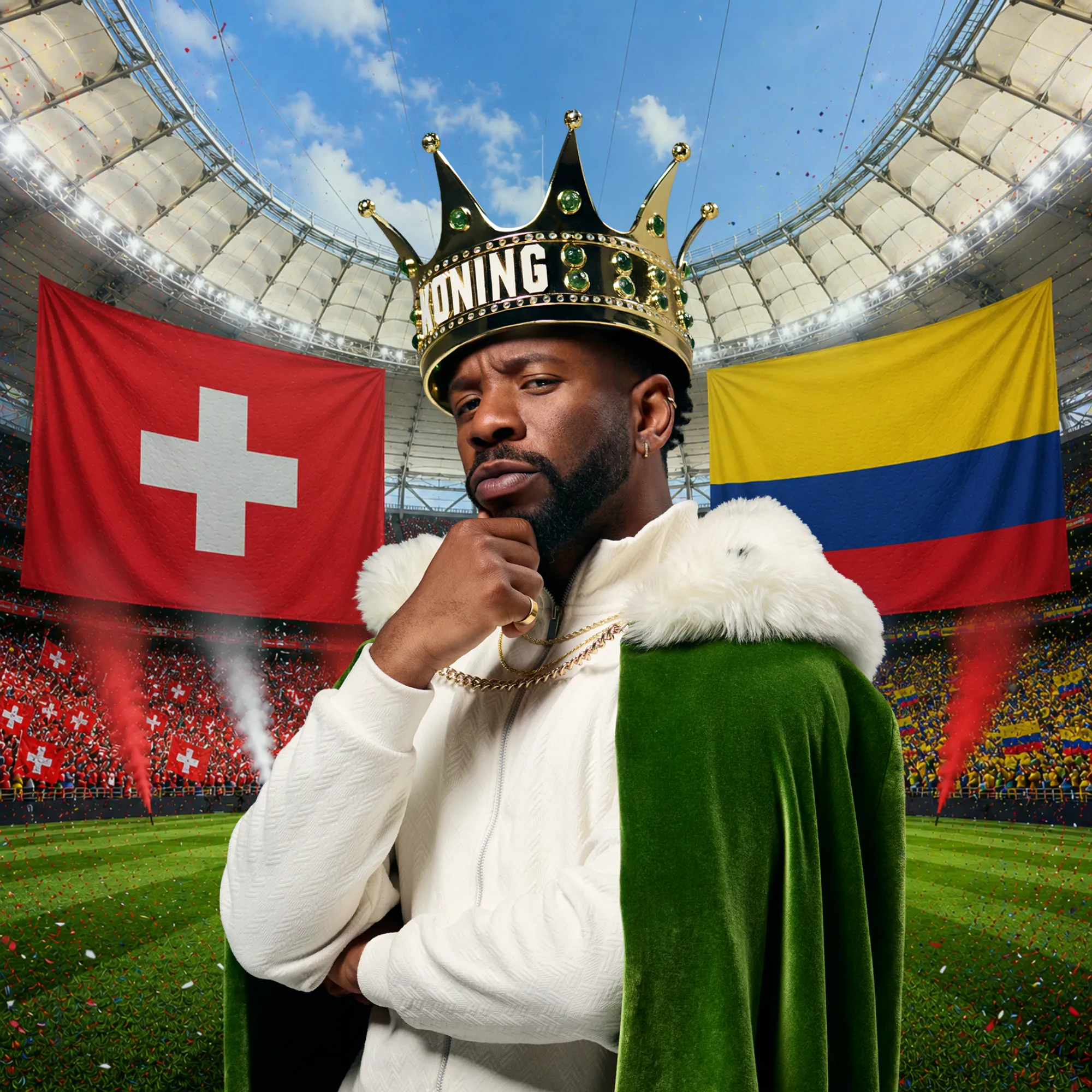 Man met kroon en groene mantel in stadion met Zwitserse en Colombiaanse vlaggen
