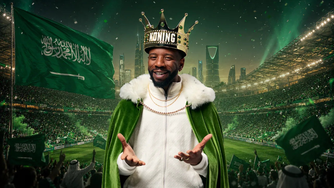 Man met koningskroon en groene cape in stadion met Saudische vlaggen