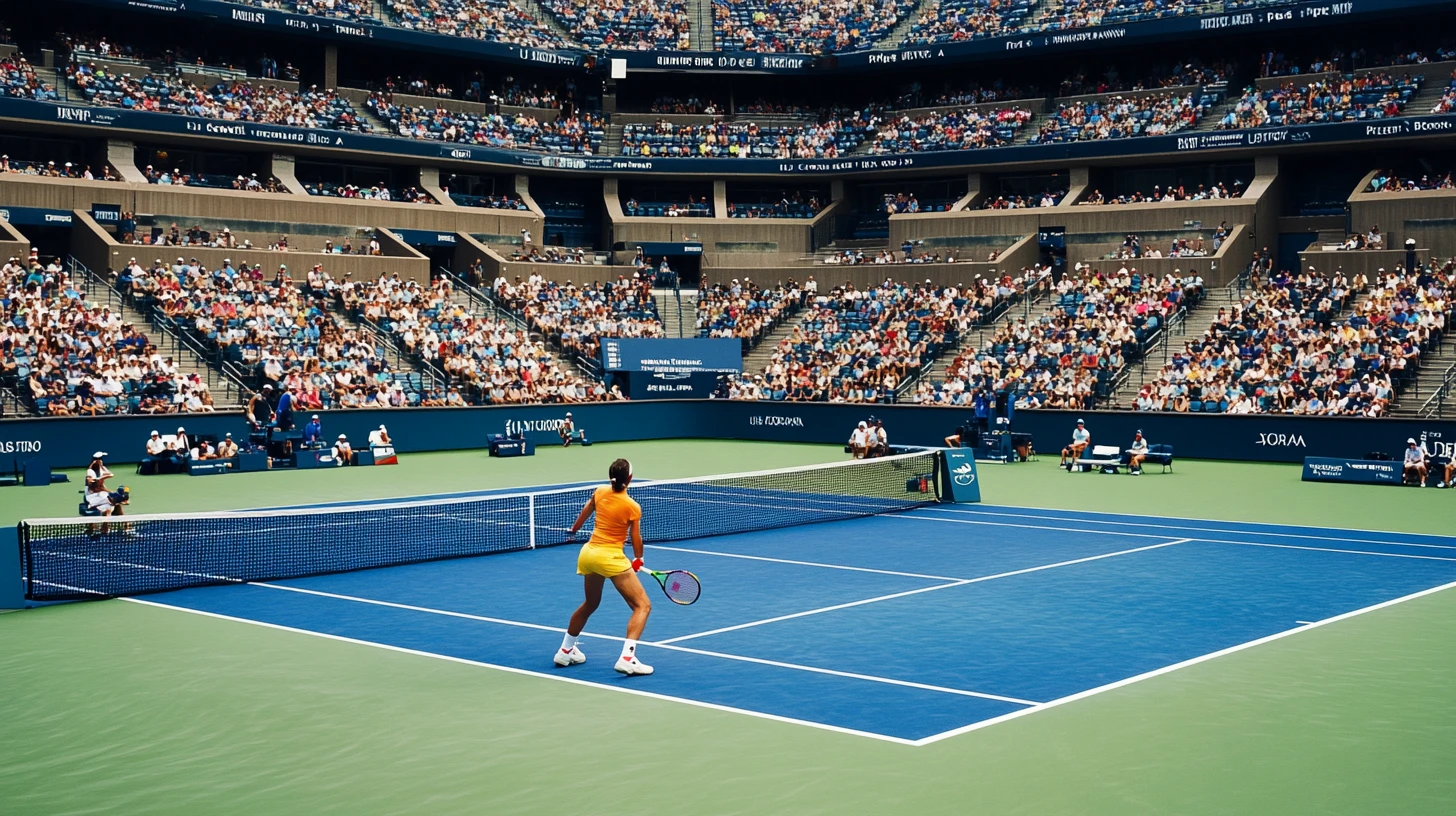 Blauwe hardcourt van de US Open met een volle arena.