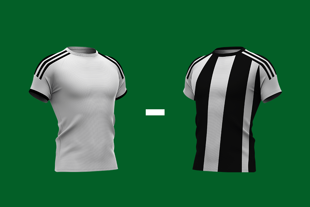 wit shirt met zwarte schouderstrepen van Real Madrid tegenover zwart-wit verticaal gestreept shirt van Juventus