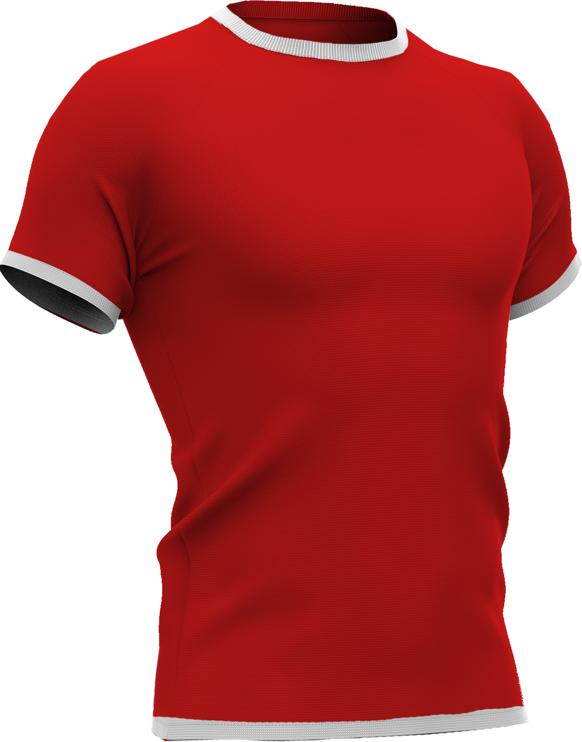 : Rood voetbalshirt met witte accenten aan mouwen, kraag en onderkant, geïnspireerd op Lille OSC