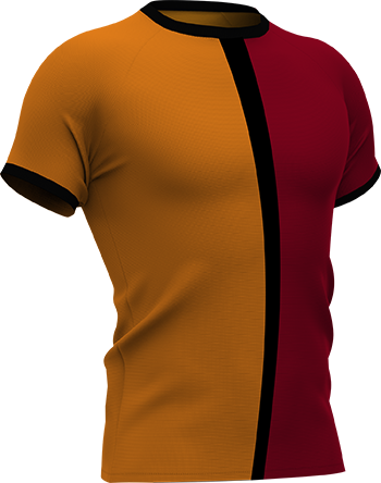 Goudrood voetbalshirt met verticale halve kleurverdeling, kenmerkend voor Galatasaray
