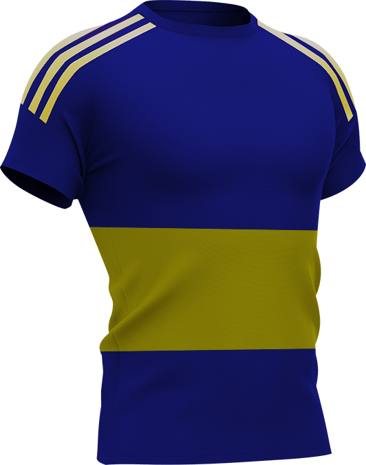 Blauw voetbalshirt met een brede gele horizontale baan over de borst en schouders, geïnspireerd op Boca Juniors