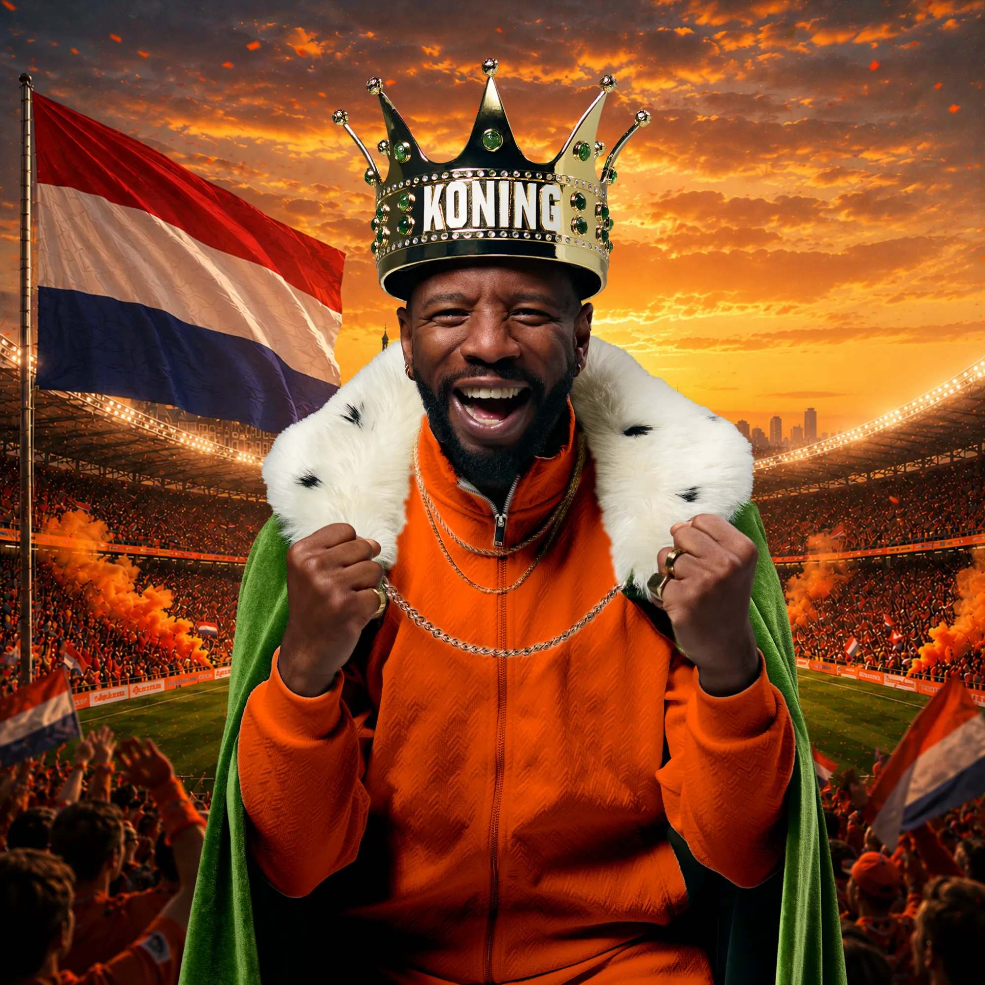 Persoon met koningskroon en oranje jas in een vol stadion met Nederlandse vlag