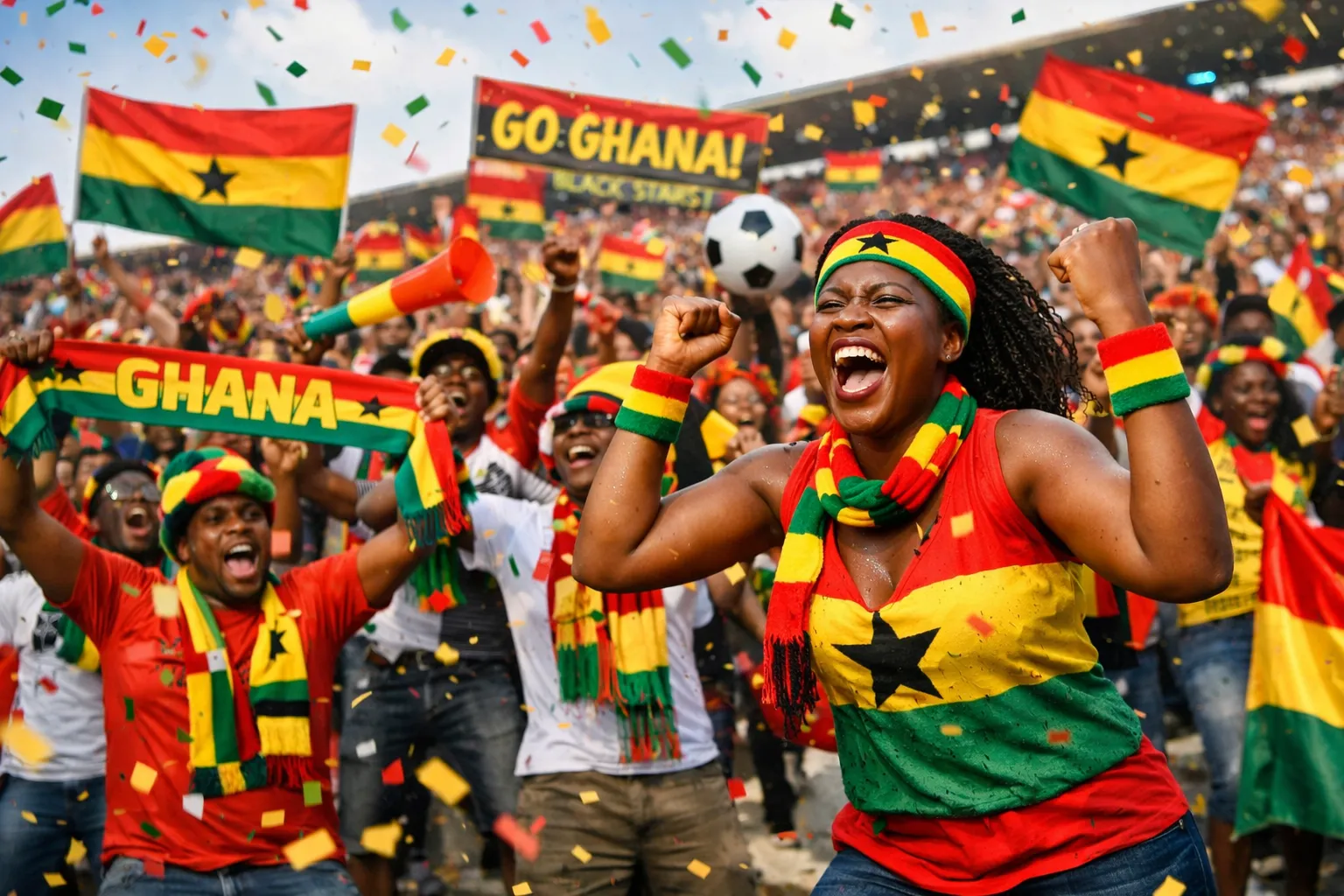 Vrolijke fans in Ghana vlag kleuren juichen in stadion met confetti