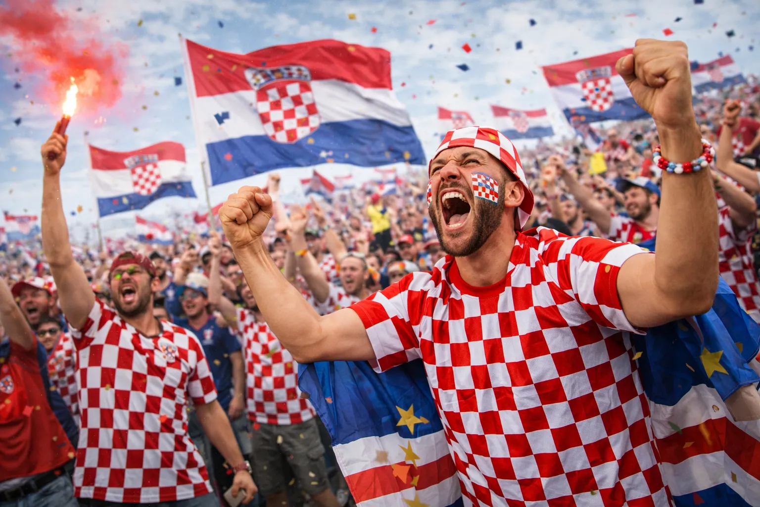 Feestende supporters met Kroatische vlaggen en rood-wit geblokte shirts