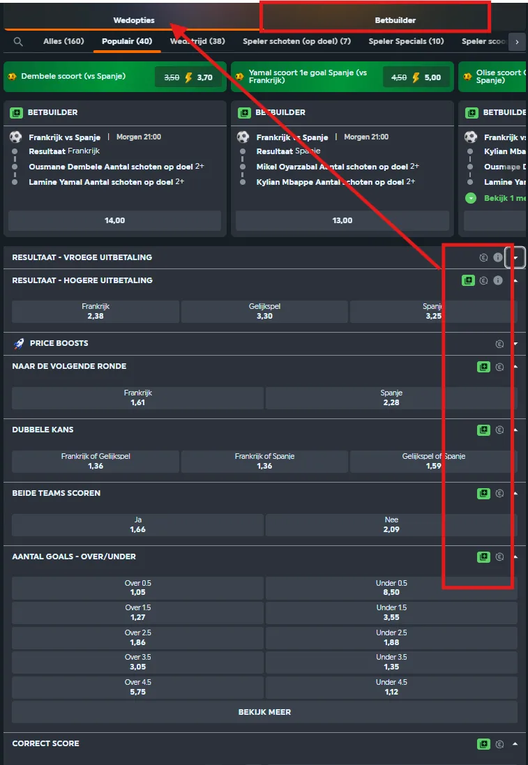 Betbuilder weddenschappen overzicht met resultaten en uitbetalingen