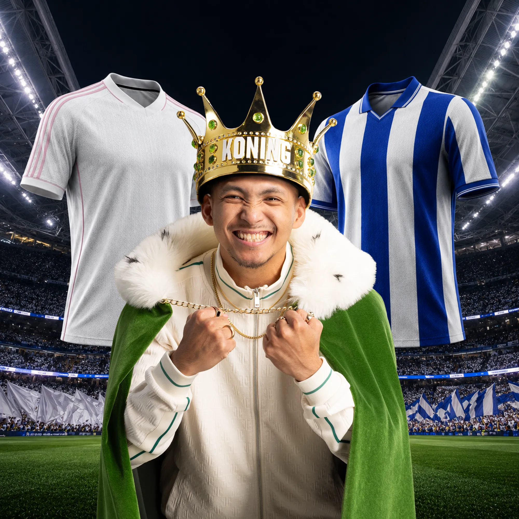 Blije voetbalfan met kroon Koning en groene cape tussen twee voetbalshirts in stadion