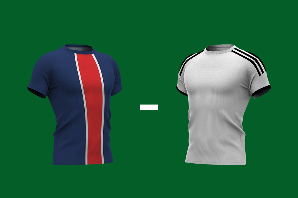 Twee sportshirts naast elkaar: een blauw shirt met rode en witte strepen van PSG en een wit shirt van Real Madrid.